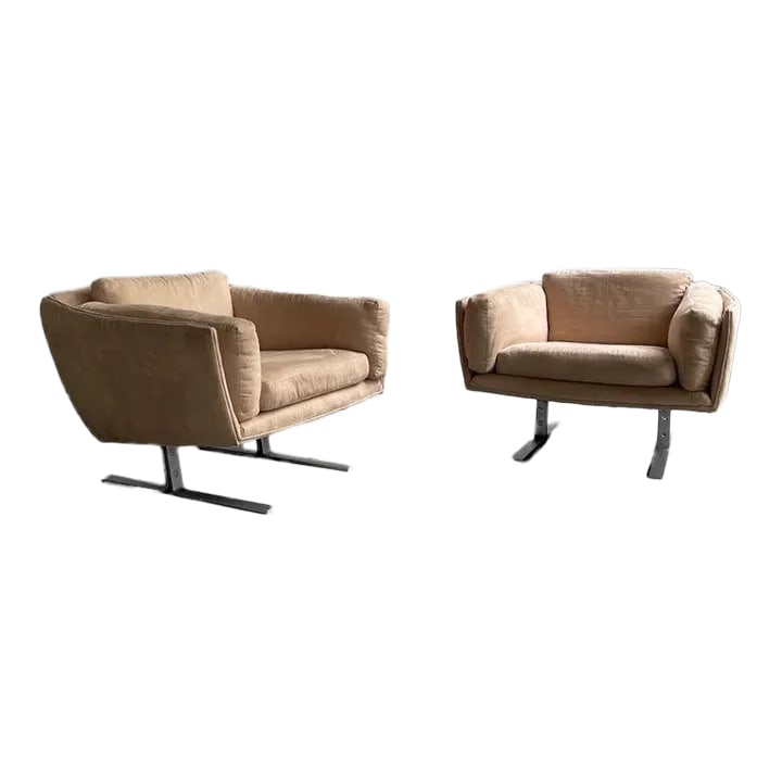 1970s Mid Century Modern Ultrasuede Chrome Club Chairs - Set of 2 (1 of 12)