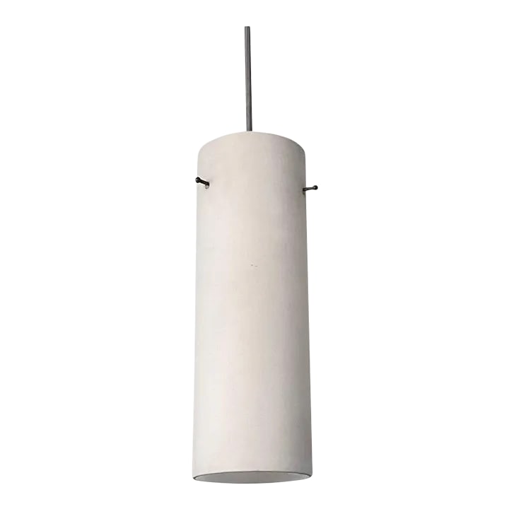 Mid-Century Modern Frosted Glass Cylinder Pendant: Minimal, Mid-Century Modern, frosted glass cylinder pendant is newly wired with 36" of blue cloth cord to accept up to a 75 watt tubular bulb. Condition: Alterations: Restored Imperfections: Some Impe