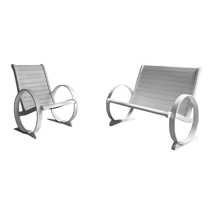 Mid-Century Painted Wood Outdoor Bench & Lounge Chair, 2 Pieces: Handmade, mid-century, wooden, outdoor bench and lounge chair set with over-sized, circular armrests has been primed and ready for paint. The chair measures 24.5" wide. Condition: Alterations: