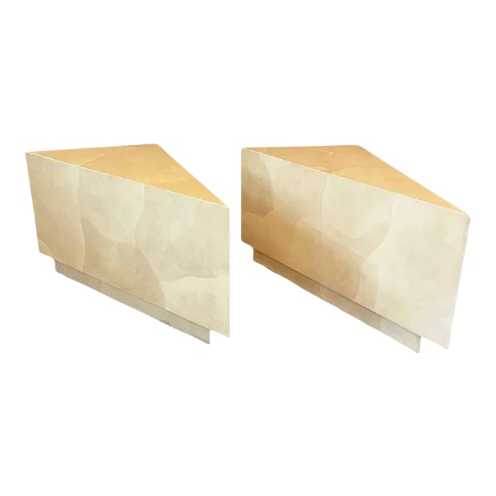 1970s Pair Goat Skin Triangular Modular Coffee Side Tables by Aldo Tura: Pair of spectacular and versatile, modular, triangular, lacquered goatskin side tables by Aldo Tura, Italy, can be configured individually or together as a coffee table in many forms. Together as a