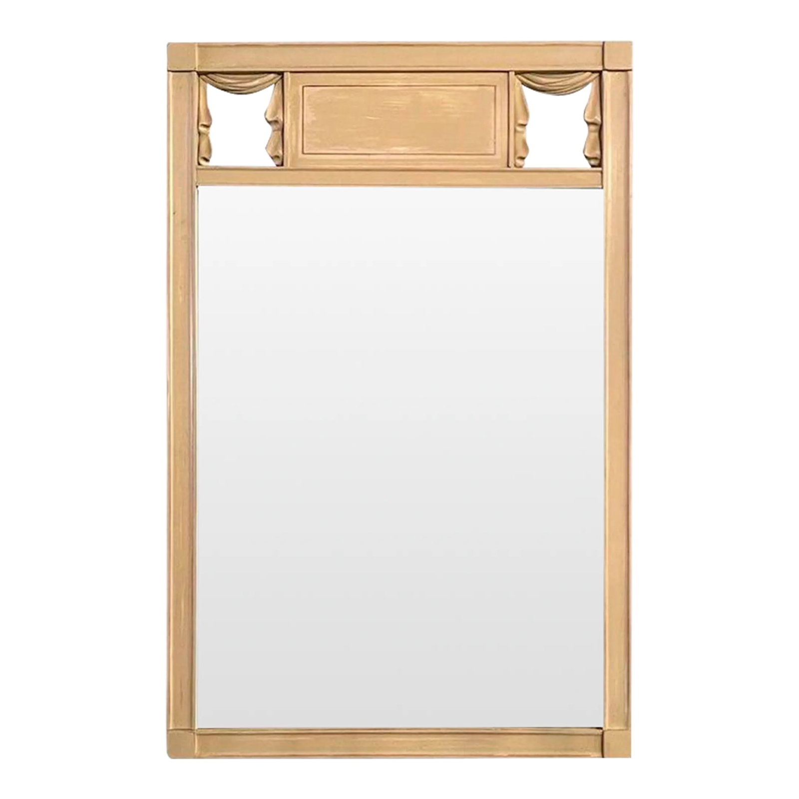 1940s Hollywood Regency Painted Wood Curtain Motif Wall Mirror: Lovely, Hollywood Regency, wall mirror features a painted wood frame with curtain motif. Condition: Alterations: Original Condition Unaltered Imperfections: Some Imperfections Condition Notes: Good ov