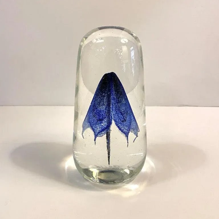 1980s Tall Art Glass Blue Swirl Jellyfish Paperweight - 2