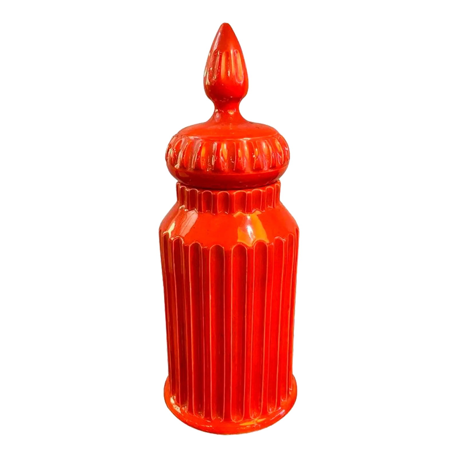 Mid-Century Italian Orange Moorish Art Pottery Jar: Mid-century, Italian, Moorish art pottery jar with lid in vibrant paprika red-orange. This glazed ceramic piece features a ribbed texture on both the jar and lid. Marked "1223 Italy." It's a striking