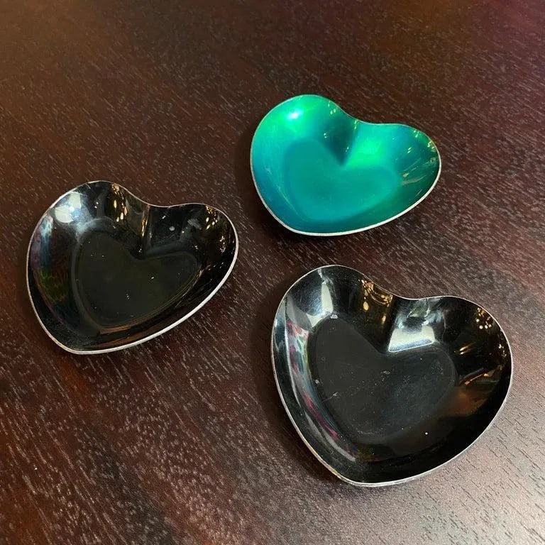 Trio of Danish Modern Enameled Sterling Silver Metal Heart Dishes - 2