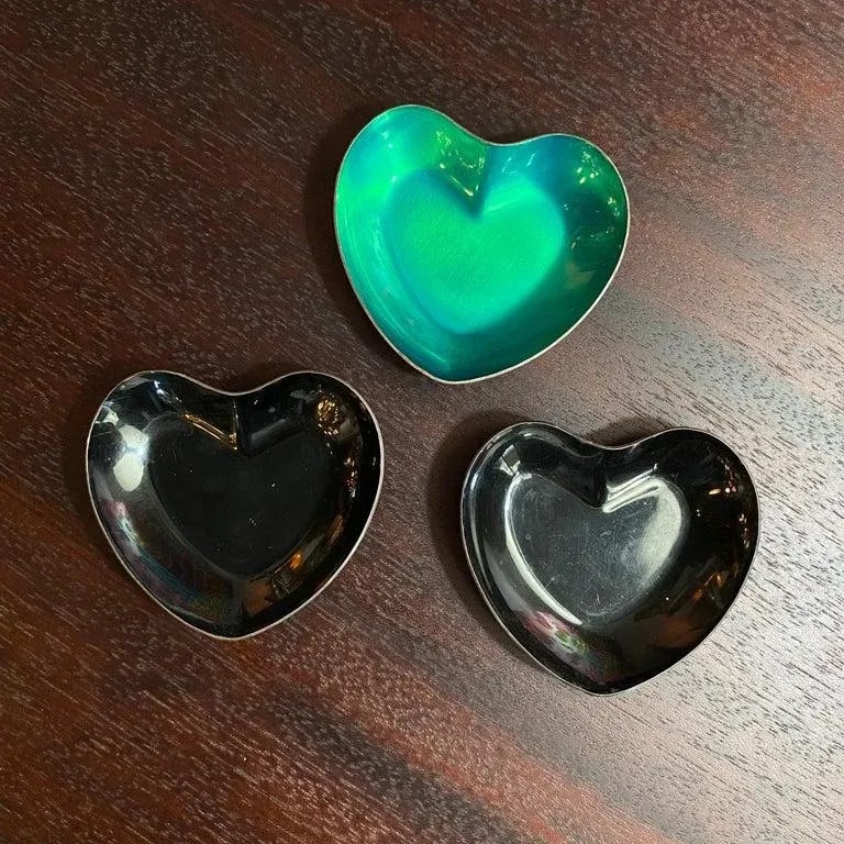 Trio of Danish Modern Enameled Sterling Silver Metal Heart Dishes - 4