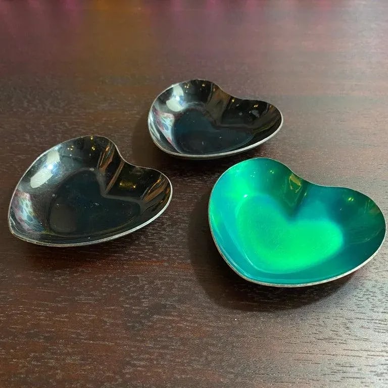 Trio of Danish Modern Enameled Sterling Silver Metal Heart Dishes - 5