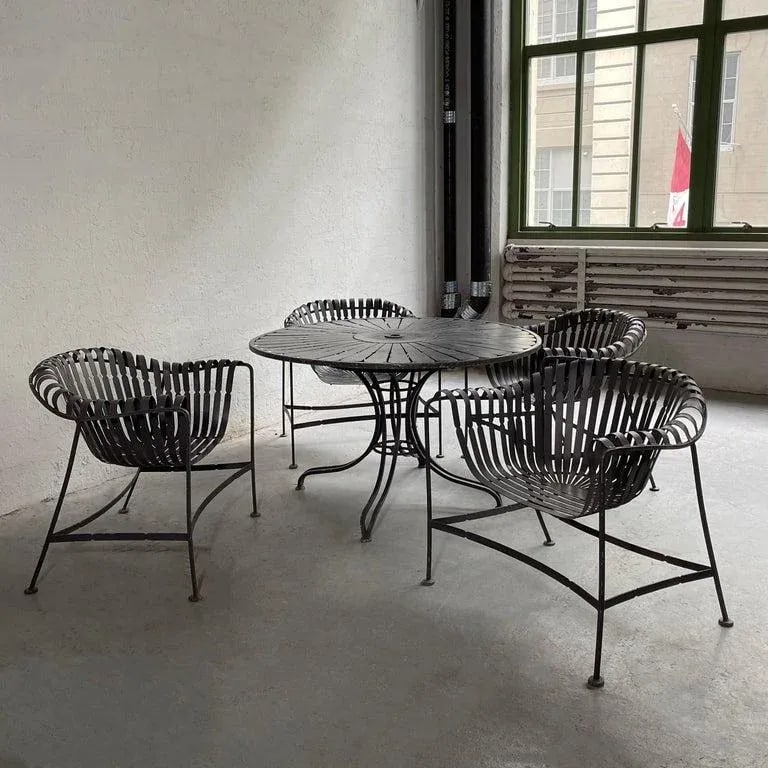 1950s Woodard Sunburst Wrought Iron Outdoor Patio Dining Set - 6