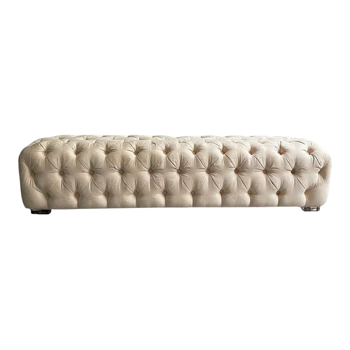 1990s Cream Tufted Ultrasuede Shlomi Haziza Bench: Sumptuous, fully upholstered, cream, tufted ultrasuede, 6ft bench by Shlomi Haziza, H Studio with Lucite feet. A shorter bench is also available at 51 inches wide, shown in the last three images. Cond