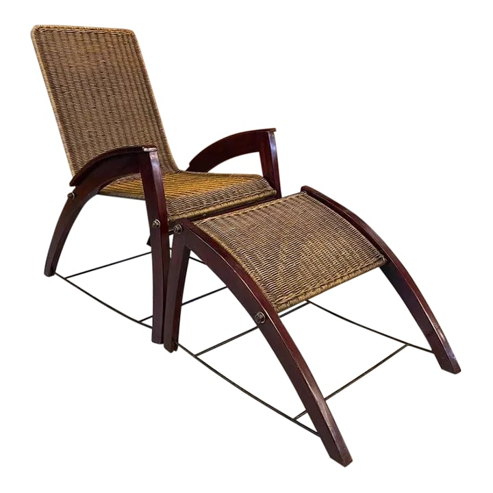 1920s Art Deco Maple Wicker Lounge Chair Ottoman Set: Handsome, art deco, lounge chair and ottoman set features a dark maple frame with woven wicker backing that forms an accentuated demi-lune shape. The 31" deep chair and 25" deep ottoman are constructe