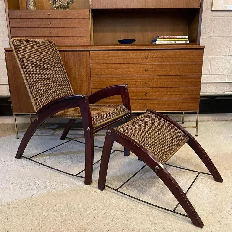 1920s Art Deco Maple Wicker Lounge Chair Ottoman Set - 6
