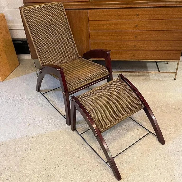 1920s Art Deco Maple Wicker Lounge Chair Ottoman Set - 8