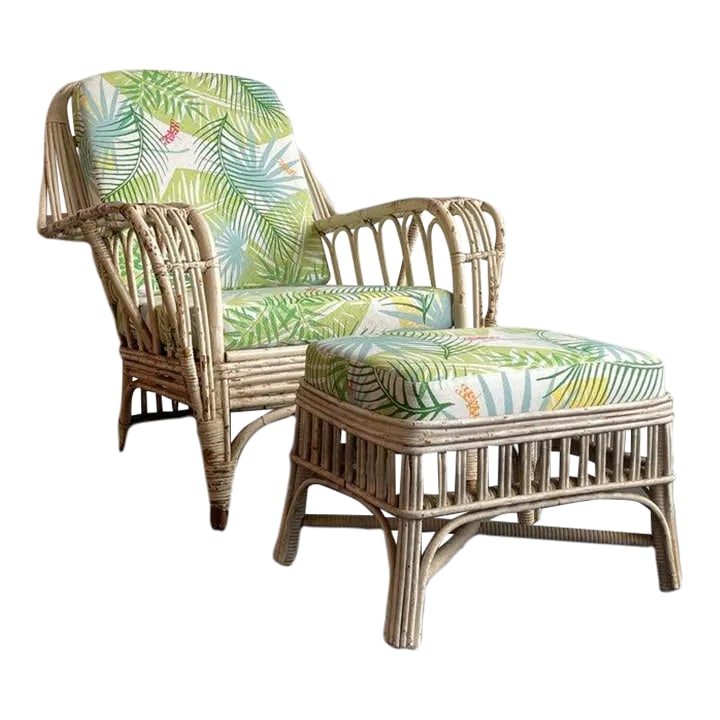 1950s Mid-Century White Wash Wicker Cushioned Lounge Chair and Ottoman - Set of 2: Mid-century, white wash wicker, lounge, armchair with matching ottoman is perfect for lazy days on a covered porch, patio or sun room. The bent wicker construction features a high back and wide arm re