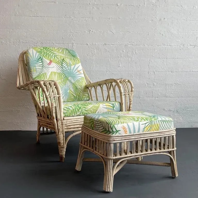 1950s Mid-Century White Wash Wicker Cushioned Lounge Chair and Ottoman - Set of 2 - 2