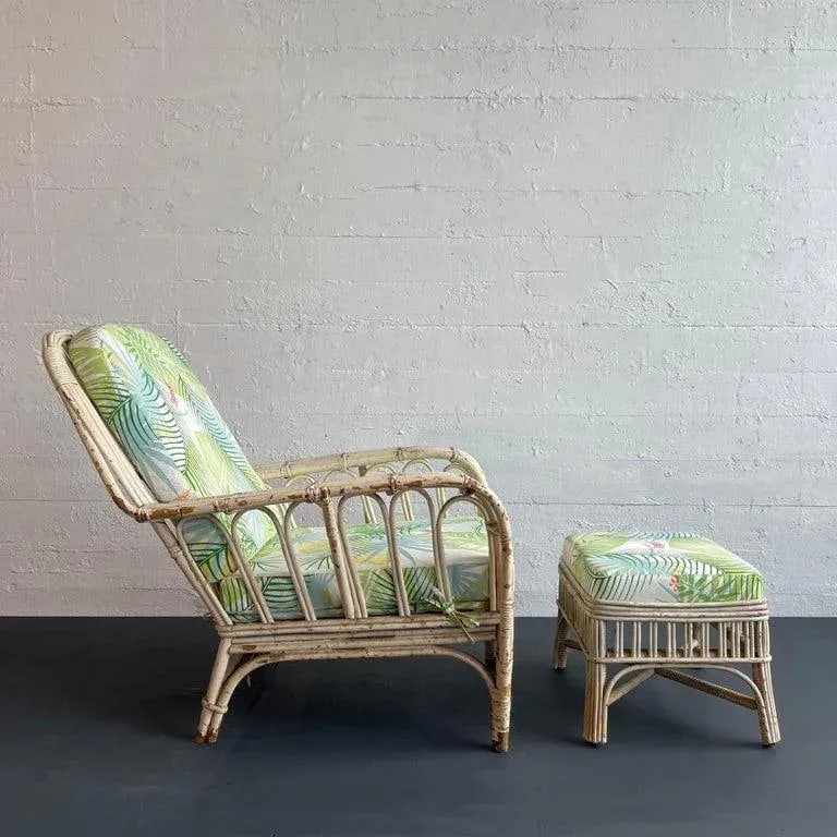 1950s Mid-Century White Wash Wicker Cushioned Lounge Chair and Ottoman - Set of 2 - 3