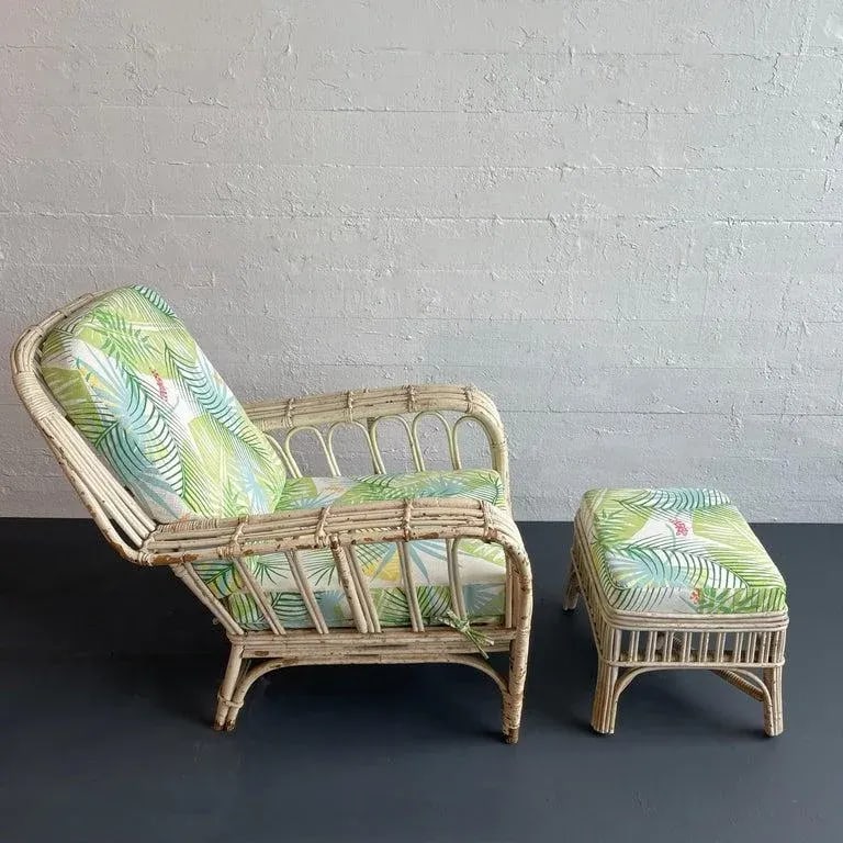 1950s Mid-Century White Wash Wicker Cushioned Lounge Chair and Ottoman - Set of 2 - 5