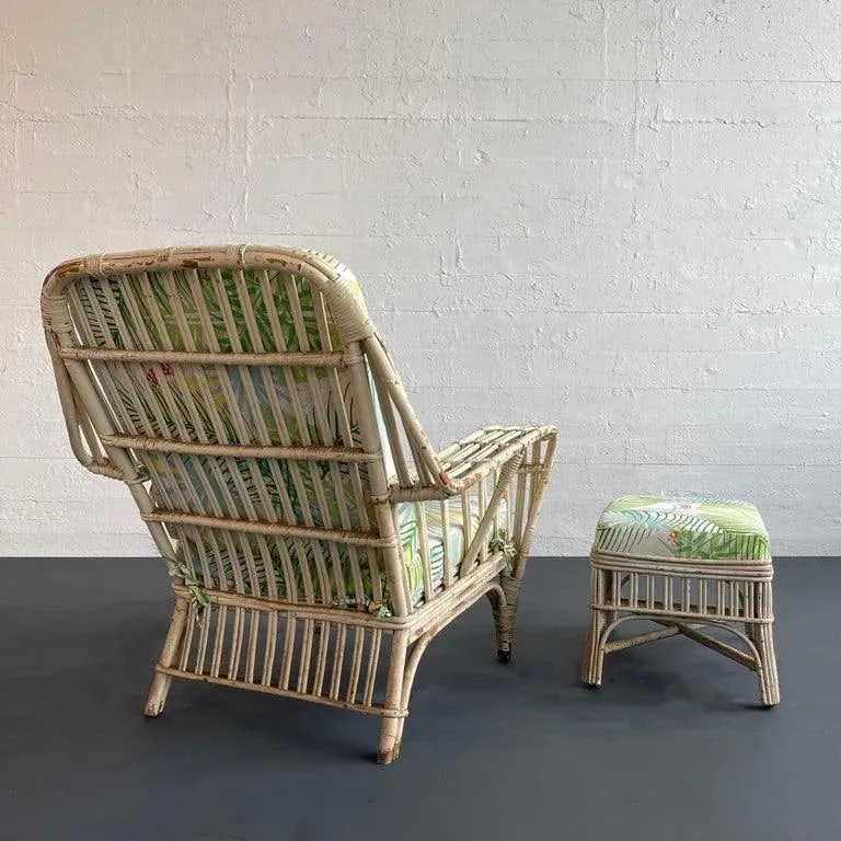 1950s Mid-Century White Wash Wicker Cushioned Lounge Chair and Ottoman - Set of 2 - 6