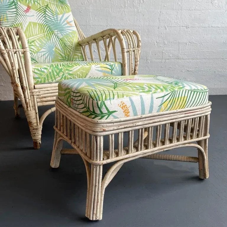 1950s Mid-Century White Wash Wicker Cushioned Lounge Chair and Ottoman - Set of 2 - 7