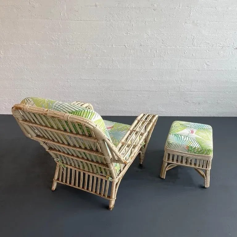 1950s Mid-Century White Wash Wicker Cushioned Lounge Chair and Ottoman - Set of 2 - 8