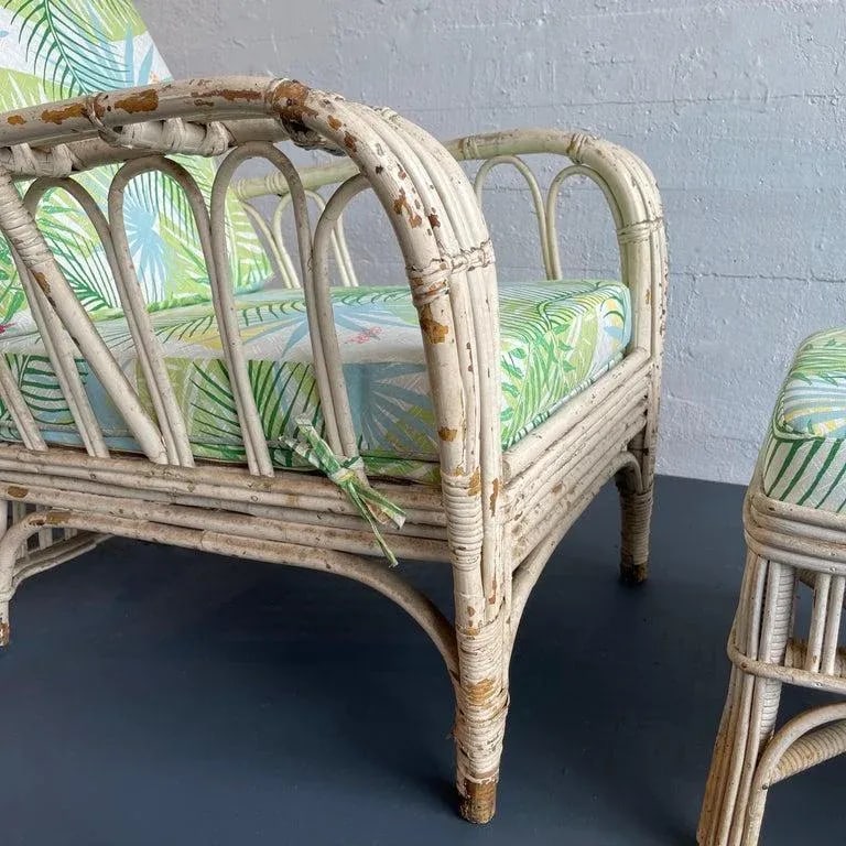1950s Mid-Century White Wash Wicker Cushioned Lounge Chair and Ottoman - Set of 2 - 9
