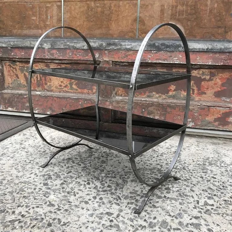 1930s Art Deco Etched Steel and Ebony Glass Two-Tier Side Table - 2