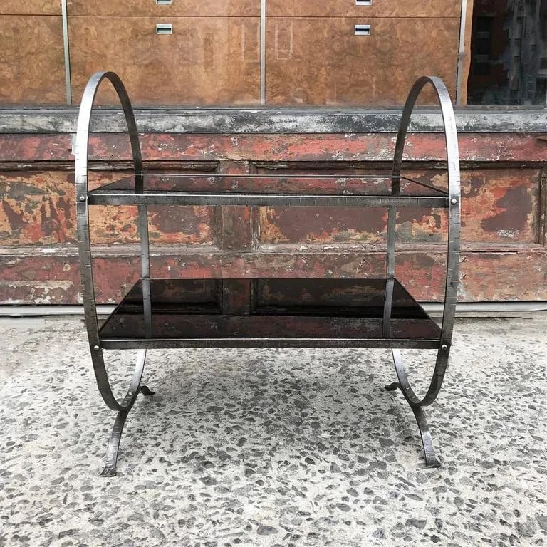 1930s Art Deco Etched Steel and Ebony Glass Two-Tier Side Table - 3