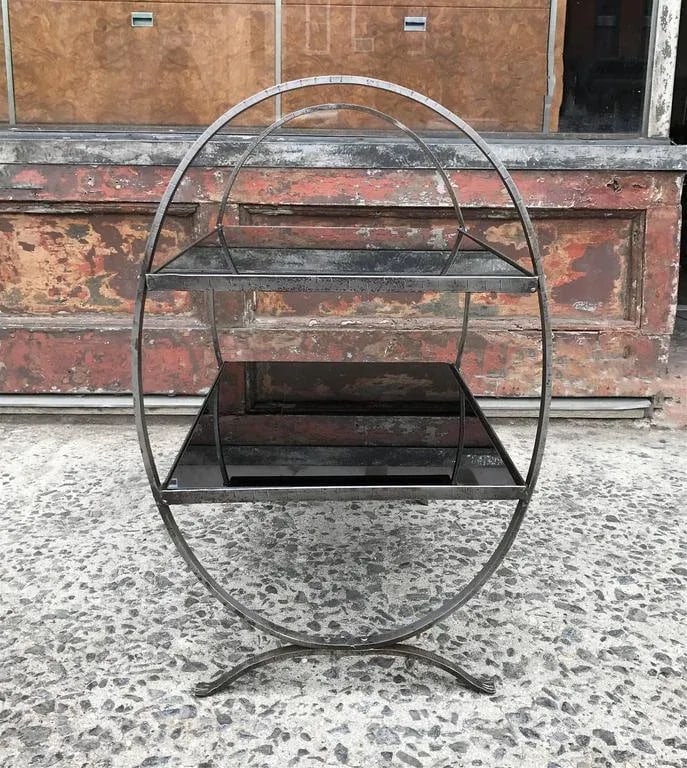 1930s Art Deco Etched Steel and Ebony Glass Two-Tier Side Table - 4
