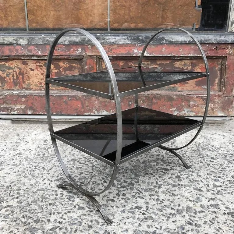 1930s Art Deco Etched Steel and Ebony Glass Two-Tier Side Table - 5