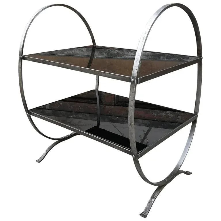 1930s Art Deco Etched Steel and Ebony Glass Two-Tier Side Table - 9