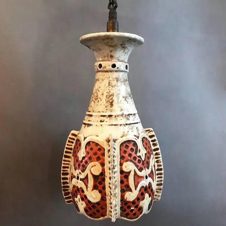 Midcentury Orange and White Morrocan Moorish Ceramic Pendant Light - 2