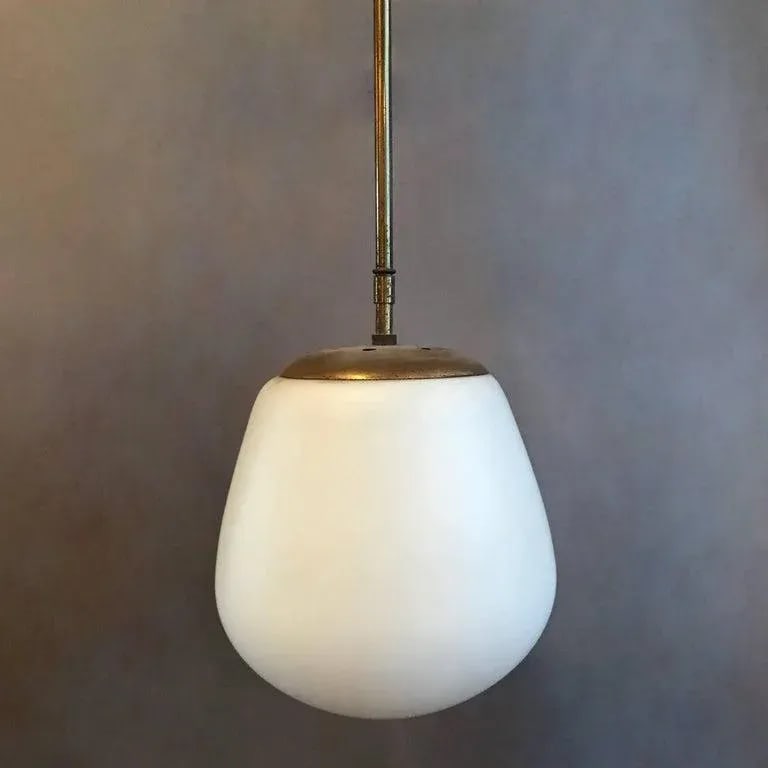 Danish Modern White Frosted Glass on Brass Pole Pendant - 3