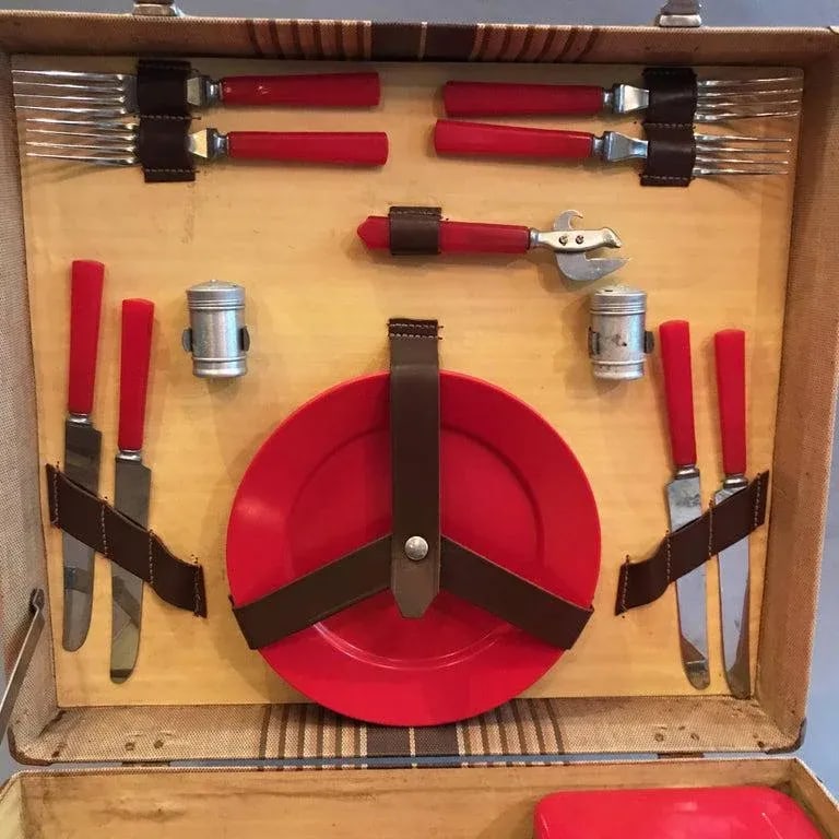 1940s Mid Century Picnic Set Wood Case with Red Dishes - for Four, 21 Pieces - 4