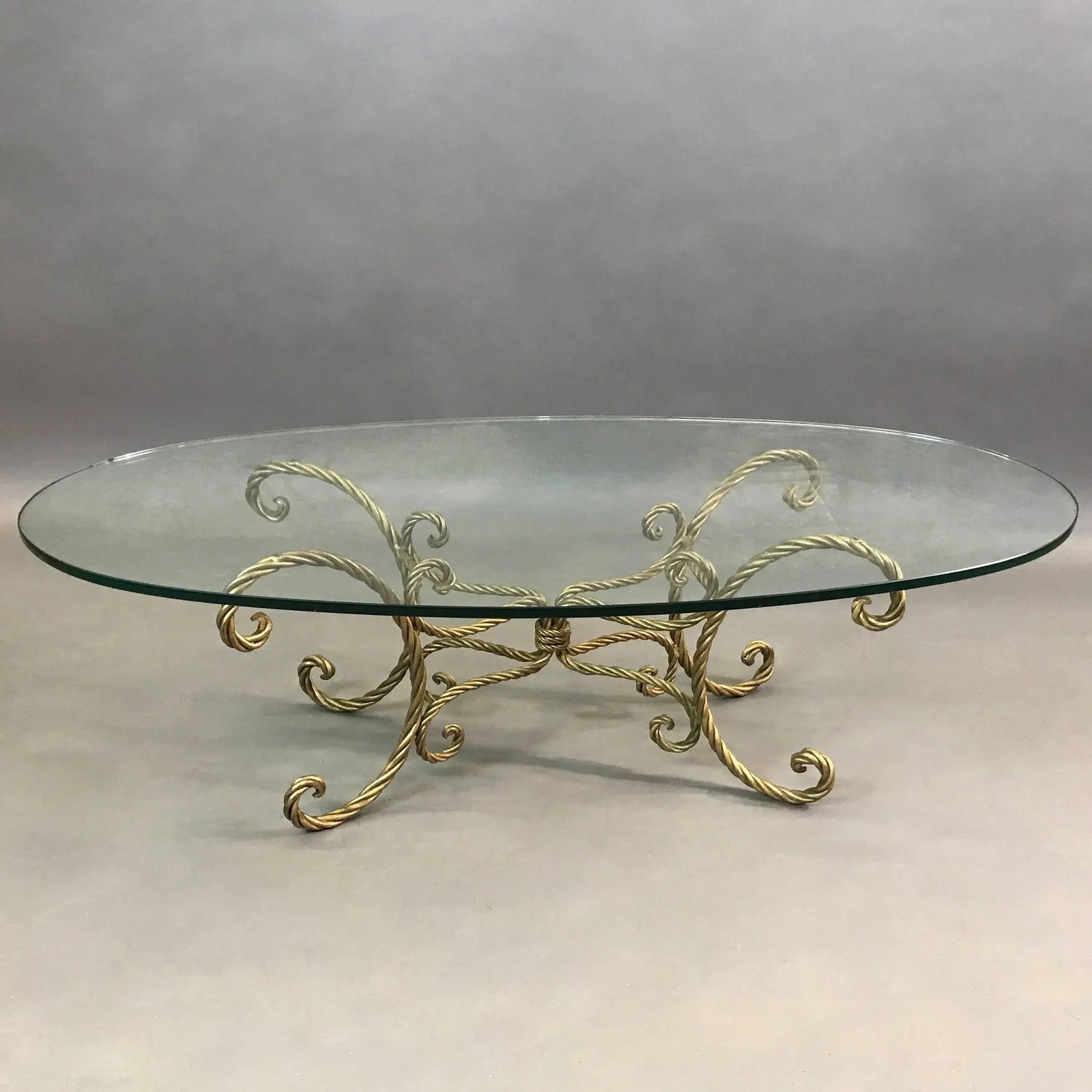 1960s Hollywood Regency Gilt Braided Rope and Oval Glass Coffee Table - 2