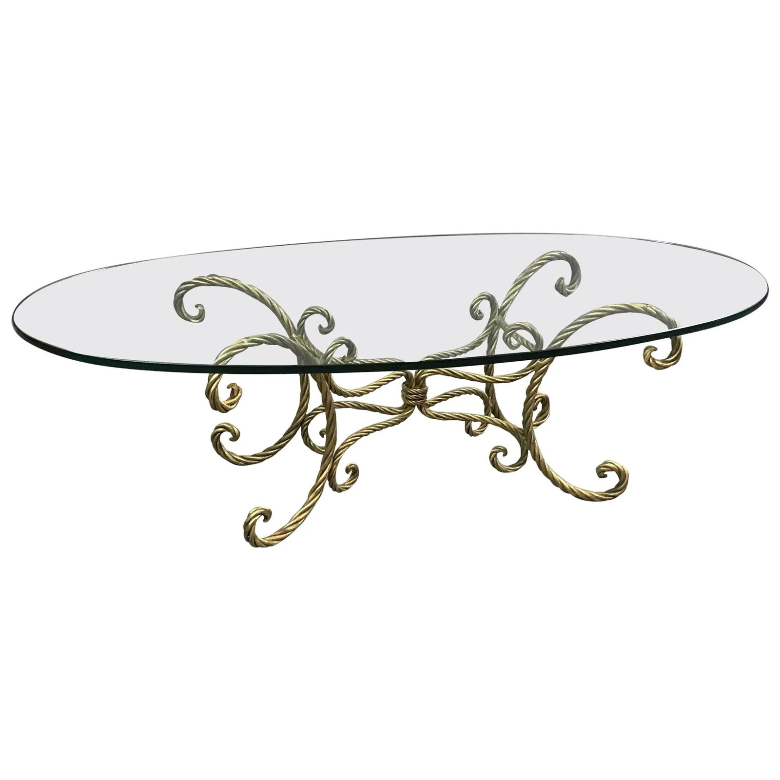 1960s Hollywood Regency Gilt Braided Rope and Oval Glass Coffee Table - 6