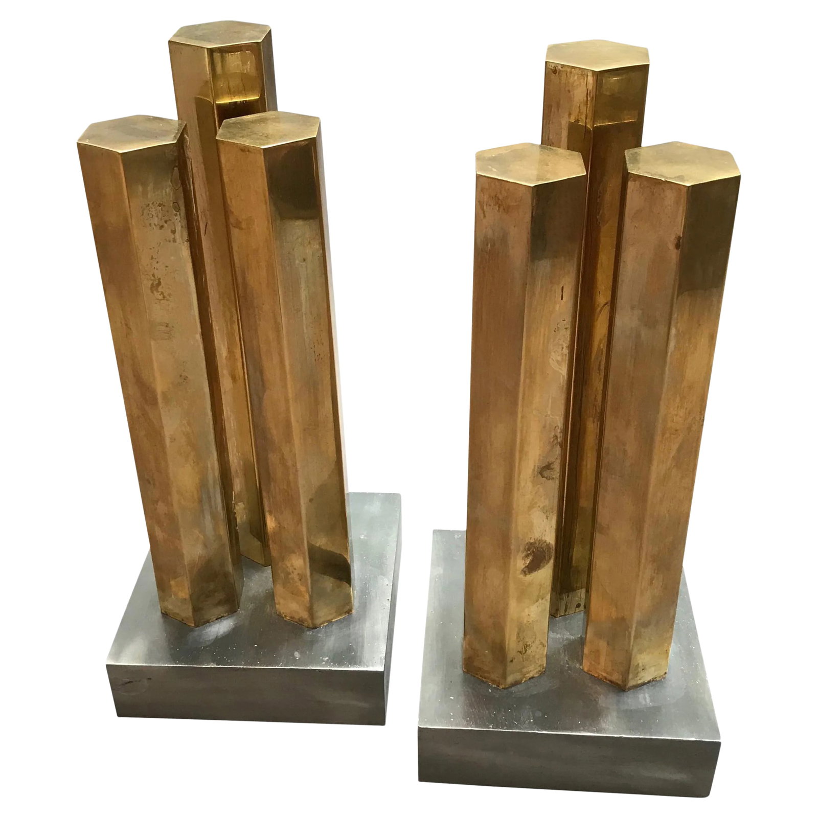 Modernist Architectural Brass and Steel Andirons - a Pair (1 of 7)