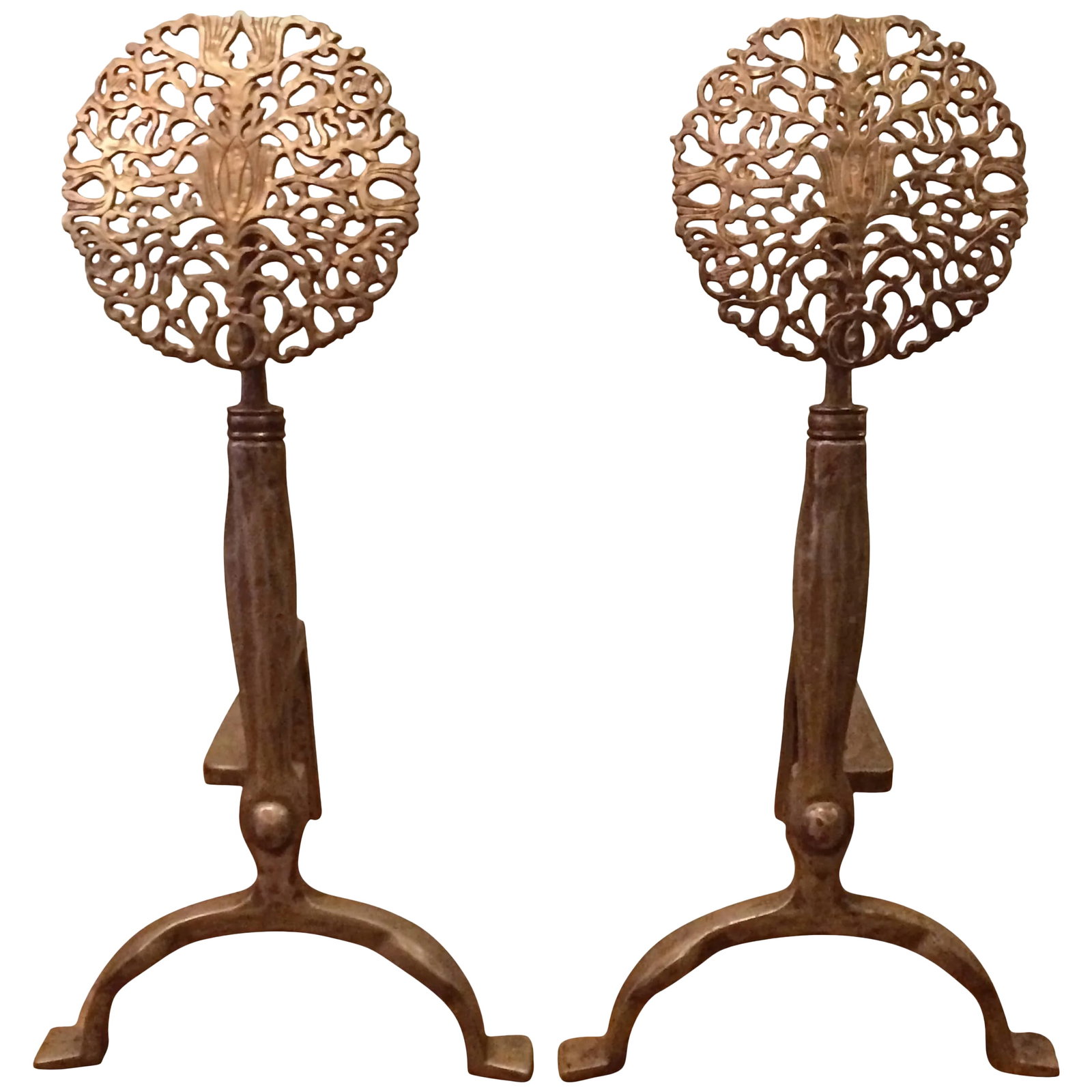 Ernest Gimson Style Arts & Crafts Andirons - a Pair: Pair of outstanding, Arts & Crafts, hand-forged, nickel-plated iron andirons with bronze blossom motifs in the style of Earnest Gimson, Cotwold School. Condition: Alterations: Restored Imperfections: 