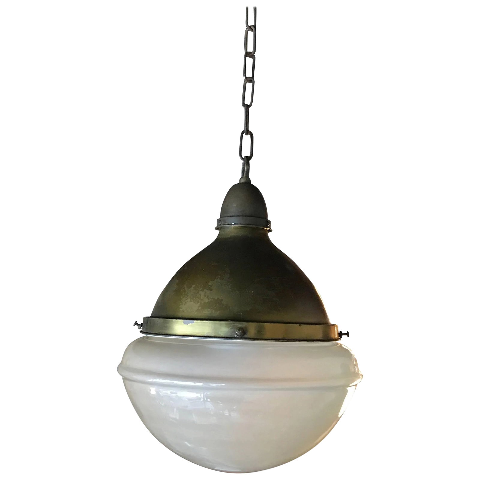 Industrial Acid Washed Glass Library Pharmacy Pendant Light: Vintage, early 20th century, oversized and impressive, library or pharmacy pendant light features an acid washed glass shade with original patinated, spun steel fitter, canopy and chain is newly