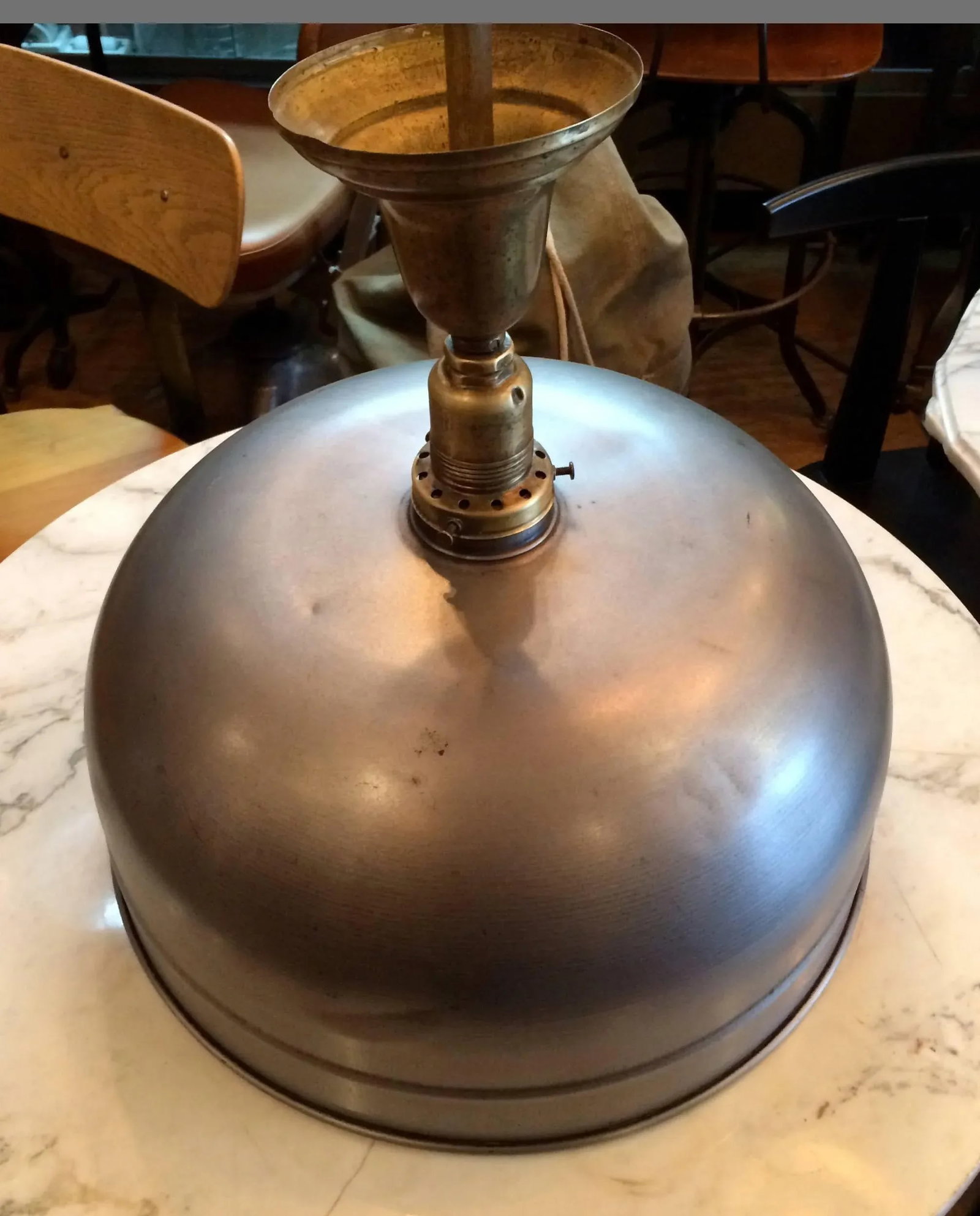 1940s Industrial Brushed Steel Brunswick Dome Pendant Light - 5