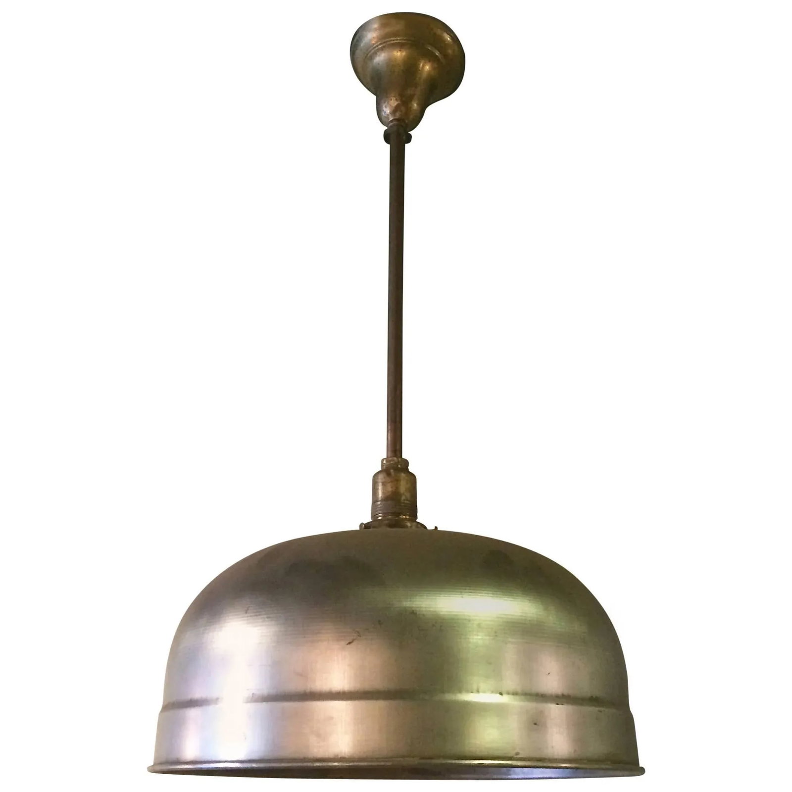 1940s Industrial Brushed Steel Brunswick Dome Pendant Light - 6