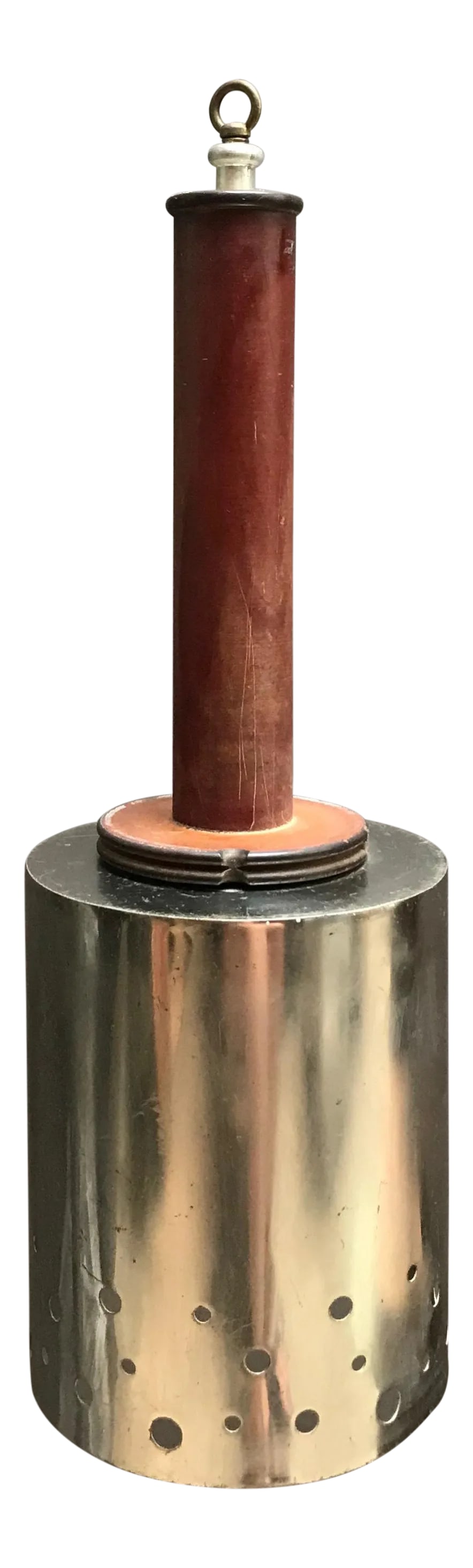 Custom Industrial Cylinder Pendant Light: Custom, industrial pendant light assembled from vintage components features a perforated, chrome plated steel shade with masonite stem is wired with 70 inches of braided beige cloth cord with plug to