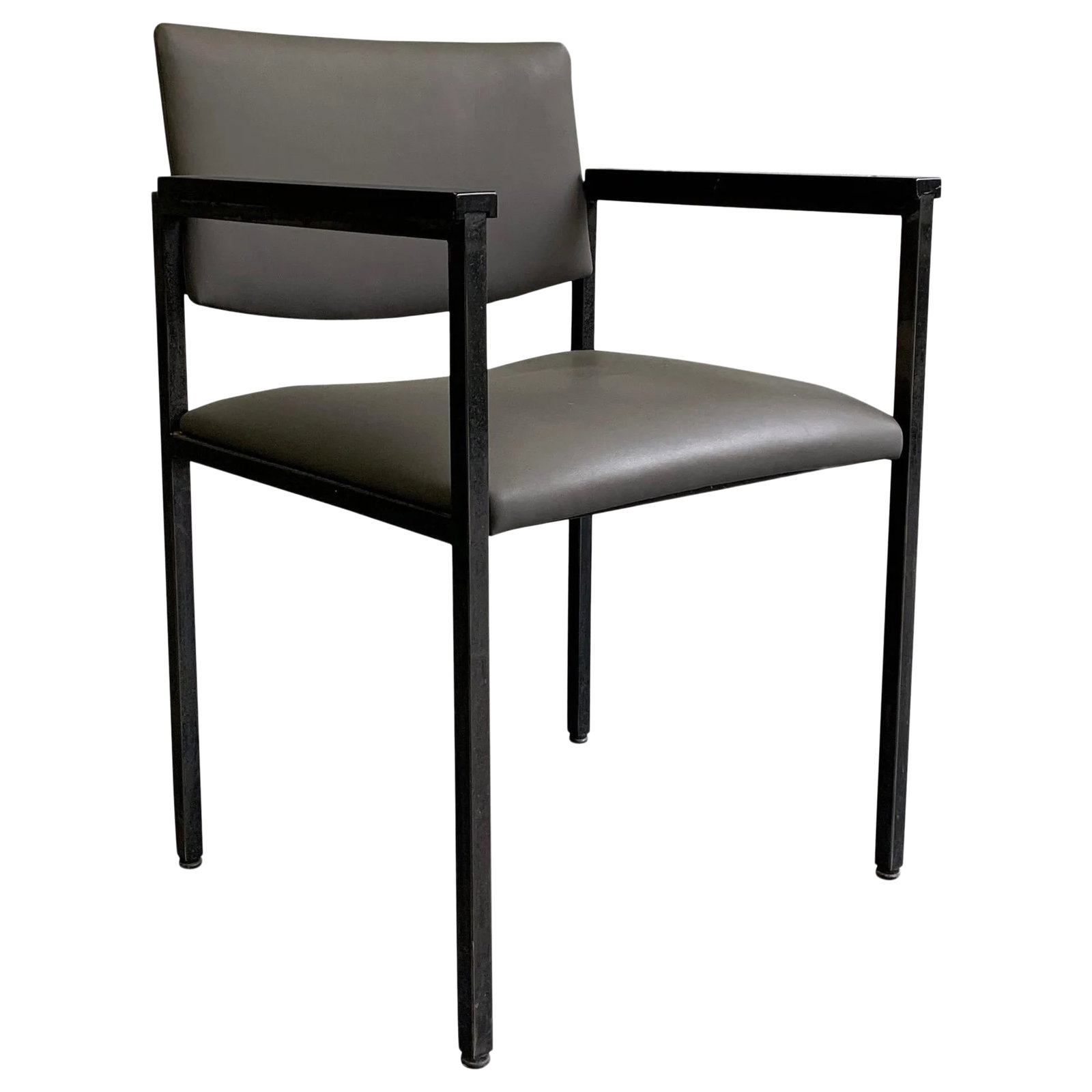 Mid-Century Modern Steel Frame Leather Armchair: Mid-Century Modern, black, steel frame, armchair is newly upholstered in a medium gray leather. Condition: Alterations: Restored Imperfections: Some Imperfections Condition Notes: Good condition