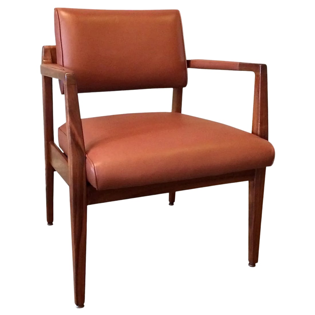 1960s Vintage Limited Edition Jens Risom Leather Armchair: Rare, limited edition, solid walnut armchair by Jens Risom with seat, back and arms, newly upholstered in a rich cognac leather. Condition: Alterations: Restored Imperfections: Some Imperfections Cond