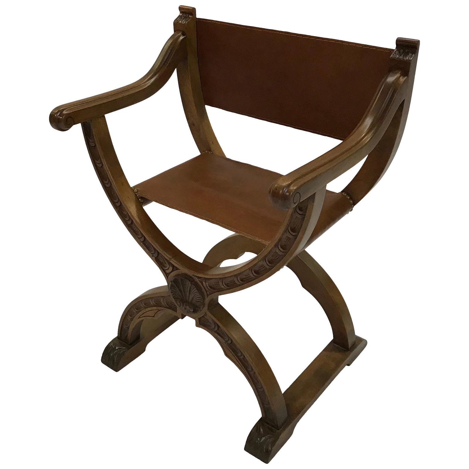 Vintage Mid Century Craftsman Campaign Prayer Chair: Mid-20th century, craftsman, Campaign or prayer chair features a carved cherry frame with newly upholstered luggage tan leather seat and back. Condition: Alterations: Restored Imperfections: Some