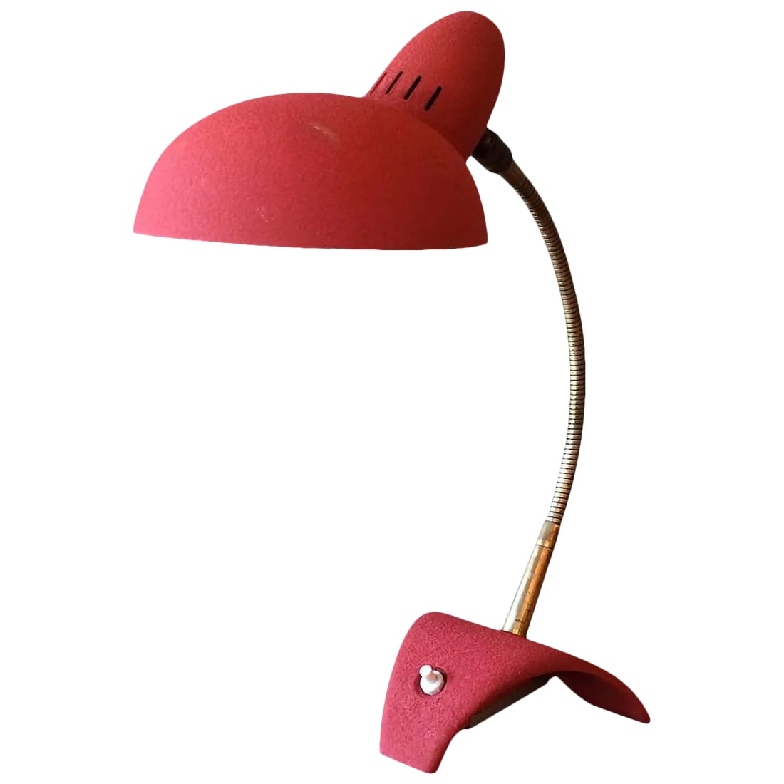 Mid Century Modern Red Gooseneck Desk Lamp: Small, 1950s brass gooseneck, desk lamp with red shrink paint base and shade in the style of Pierre Guariche. Condition: Alterations: Original Condition Unaltered Imperfections: Some Imperfections Con