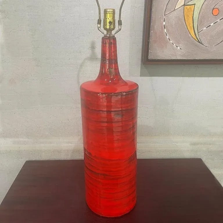 Large Italian Mid-Century Modern Orange Art Pottery Table Lamp - 4