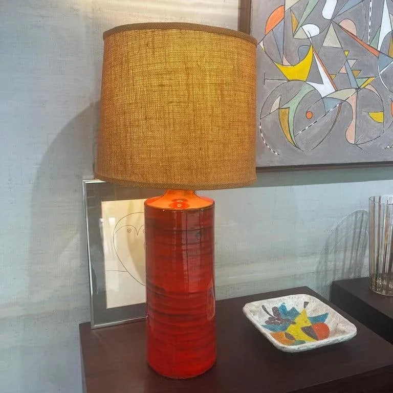 Large Italian Mid-Century Modern Orange Art Pottery Table Lamp - 6