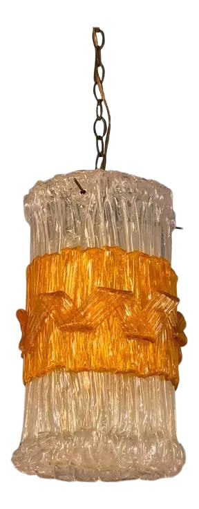 Mid-Century Brutalist Lucite Cylinder Pendant Light: Mid-Century Modern, pendant light features a Brutalist, Lucite cylinder with amber band wired with 40 inches of chain to accept up to a 100 watt bulb. Condition: Alterations: Original Condition Unalte