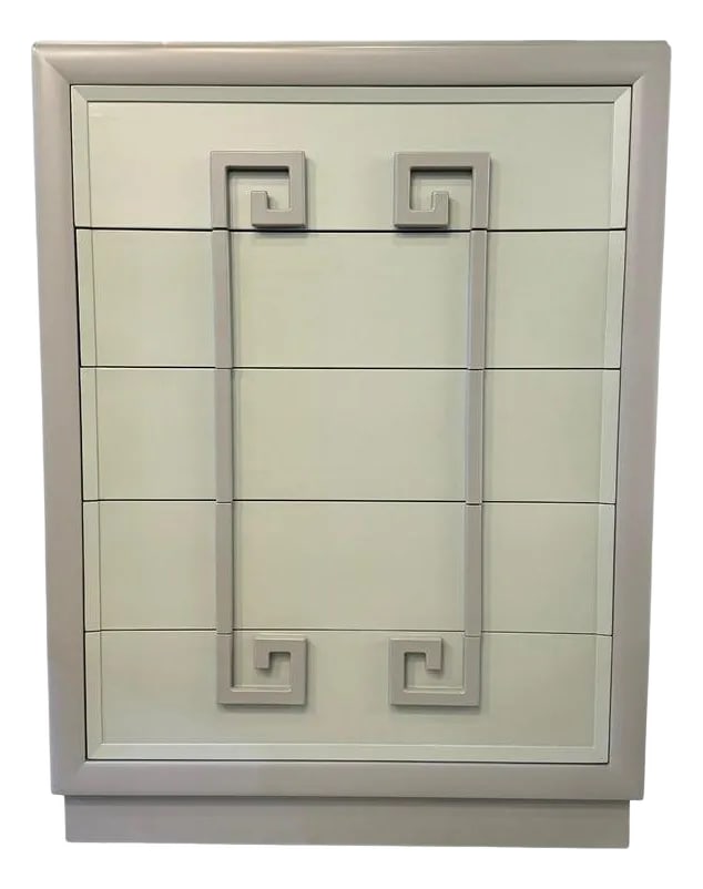 1940s Hollywood Regency Mandarin Greek Key Highboy Dresser by Kittinger: This stunning 1940s Hollywood Regency highboy dresser by Kittinger Furniture company comes from their earliest "Mandarin" collection with bold Greek Key drawer handles. The dresser features a two-tone
