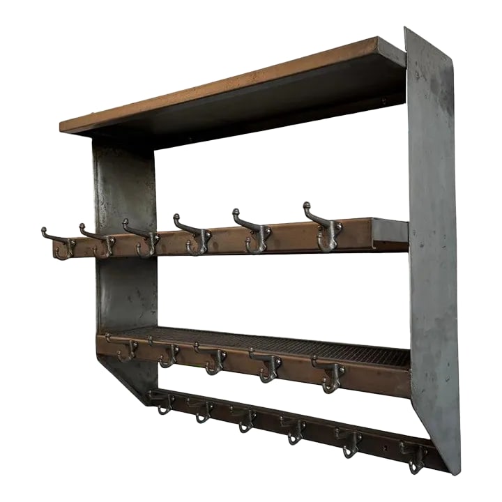 1950s Industrial Brushed Steel Gymnasium Wall Mount Shelf Unit Coat Rack (1 of 9)