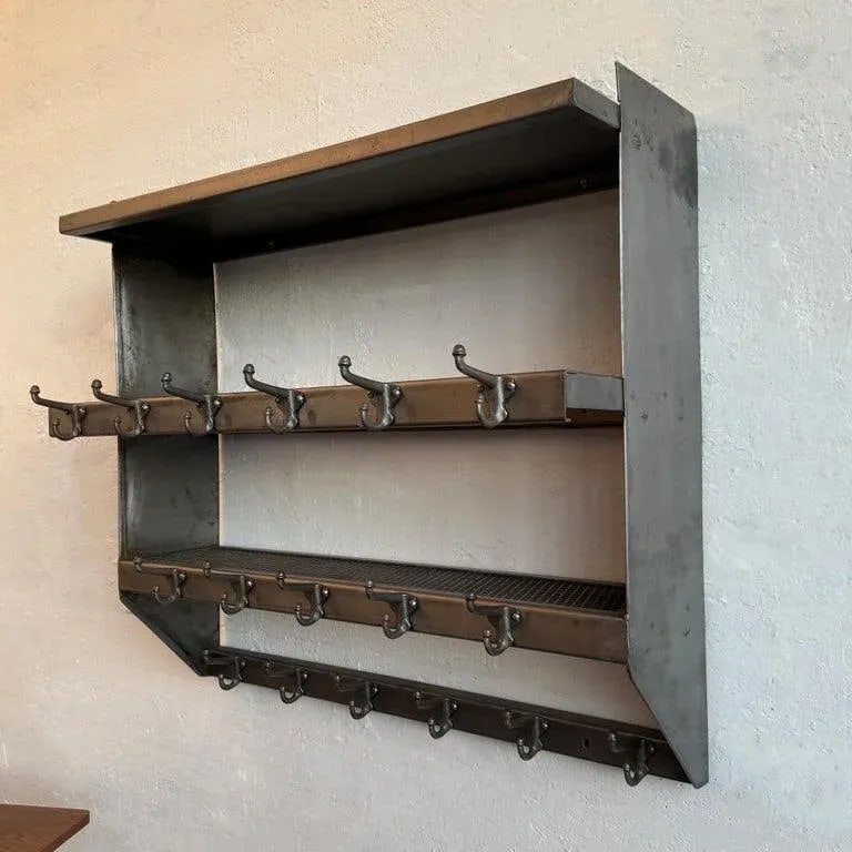 1950s Industrial Brushed Steel Gymnasium Wall Mount Shelf Unit Coat Rack - 2