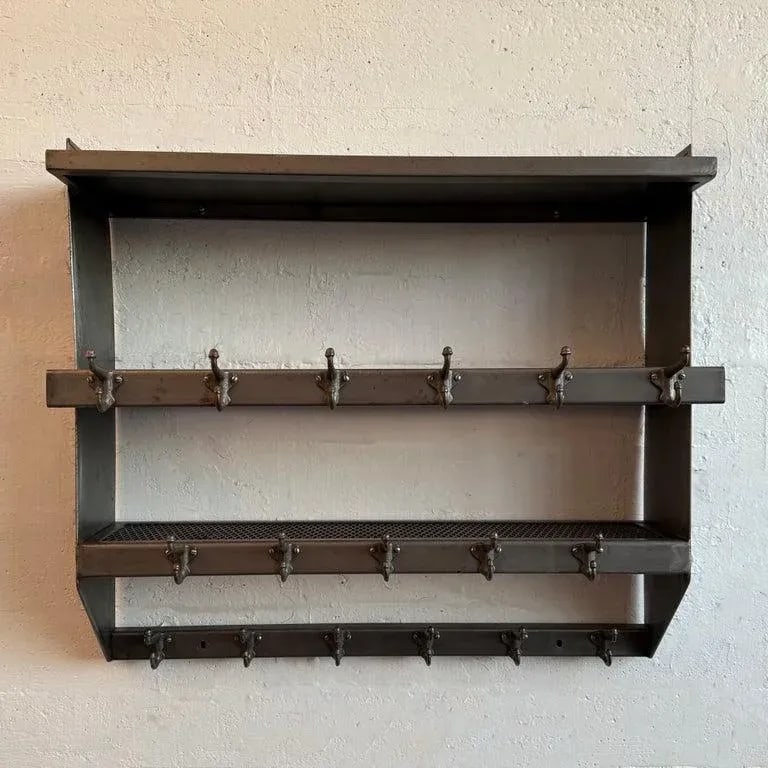 1950s Industrial Brushed Steel Gymnasium Wall Mount Shelf Unit Coat Rack - 3